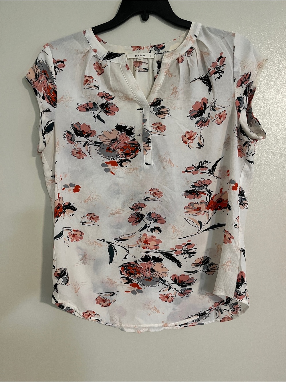 Stitch Fix White Floral Split-V Blouse with Pink and Coral Accents
